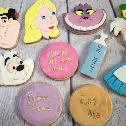 Alice In Wonderland Sugar Cookies with decorative fondant detailing