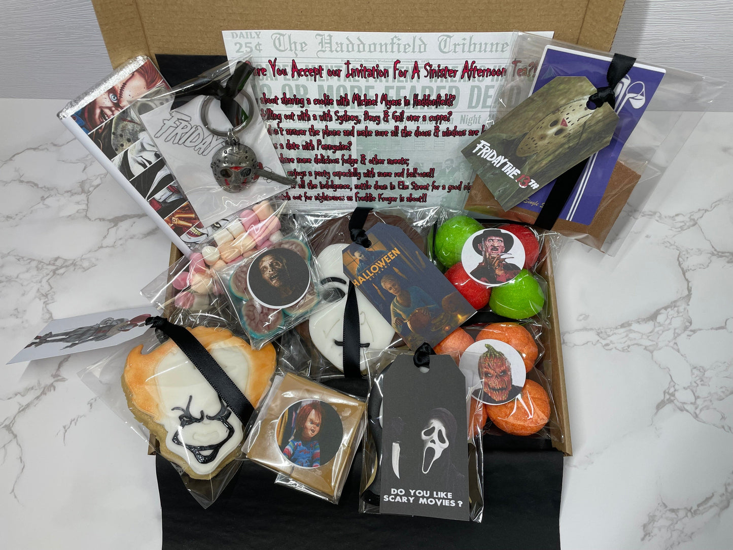 Ultimate Luxury Horror Treat Box, Scream Ghost face /Michael Myers/Sinister/Pennywise/Halloween Afternoon Tea, Letterbox Gift